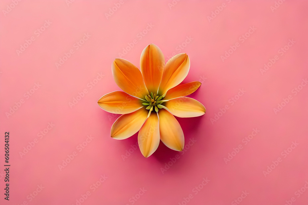 Naklejka premium Top view, Orange tulip head on pink background, flat lay
