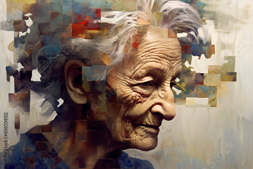 Illustration Demenz, old woman, 60 year old, Mysterious fading memories, a fragmented puzzle of emotions and thoughts photo