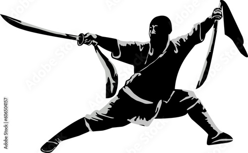 silhouette of a shaolin with a sword photo
