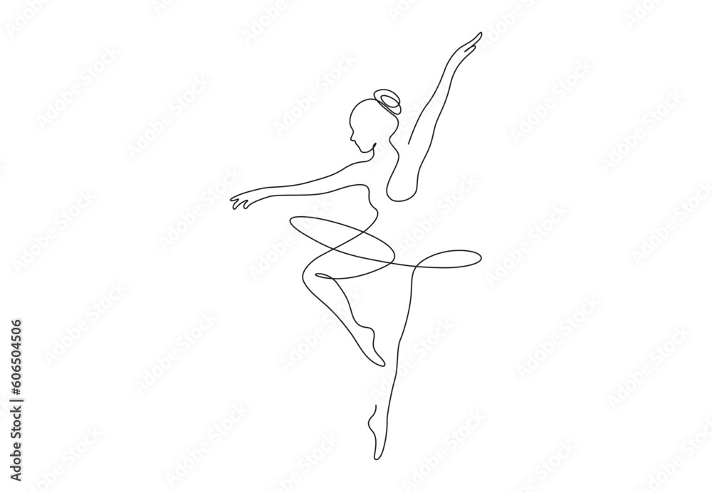 One continuous line drawing woman beauty ballet dancer in elegance motion. Sexy girl ballerina performs art dance concept. Wall décor print. Dynamic single line draw design vector graphic illustration - obrazy, fototapety, plakaty 