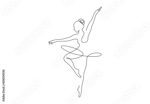One continuous line drawing woman beauty ballet dancer in elegance motion. Sexy girl ballerina performs art dance concept. Wall décor print. Dynamic single line draw design vector graphic illustration