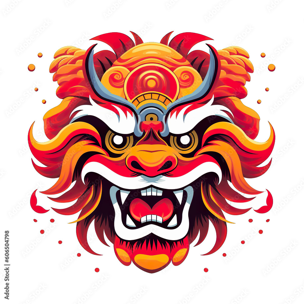 chinese lion dancing head, cartoon style, color, minimalist, isolated PNG background