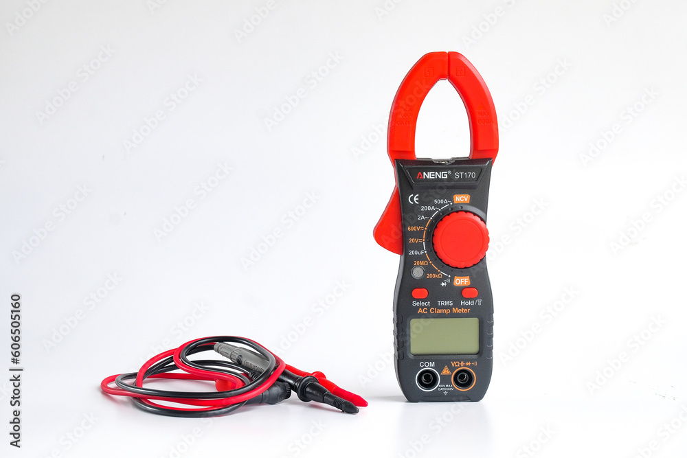 Konstfotografi Red clamp multimeter measuring. clipping path.
