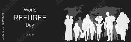 World Refugee Day design concept with silhouette of people on black background.  Vector illustration