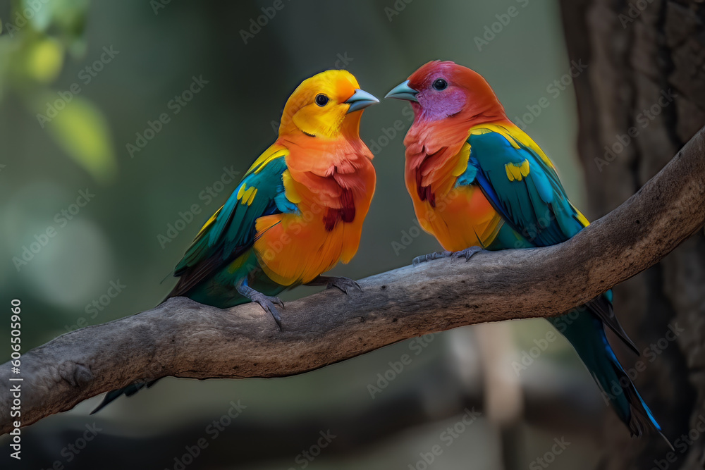 Spring colored birds flirting, Generative ai Spring colored birds flirting, Generative ai