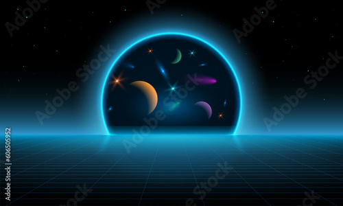 Teleport, discovery of new worlds of galaxies panorama, fantasy portal to far universe. Retro background futuristic landscape 1980, gateway to another universe. 3d render, planets in deep space