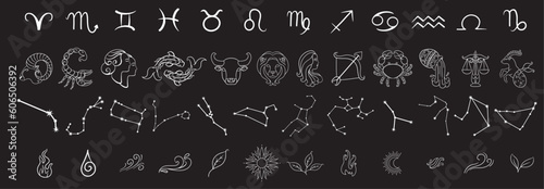 Set and collection of zodiac signs on black background. horoscopes, zodiac signs stars, zodiac signs elements. Aries, gemini, taurus, virgo, aquarius, libra, scorpio, pisces, capricorn, sagittarius, 