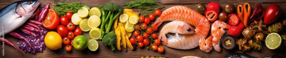 Fresh fish and seafood and vegetables arrangement. AI generative illustration. Fresh fish and seafood and vegetables arrangement. AI generative illustration.