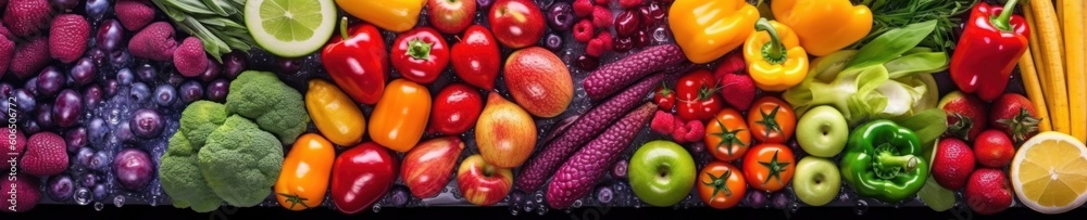 Assortment of fresh fruits and vegetables in rainbow colors. AI generative illustration. Assortment of fresh fruits and vegetables in rainbow colors. AI generative illustration.