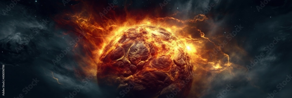 Planet explosion and fire turbulence, apocalypse. AI generative illustration.