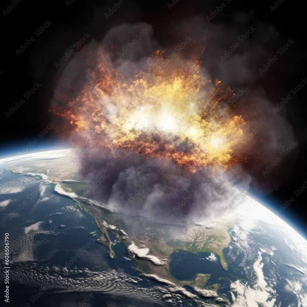 Destroying of planet by asteroid impact with huge explosion. AI generative illustration.