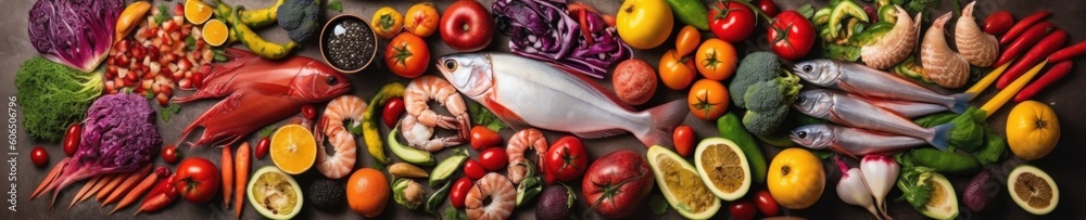 Fresh fish and seafood and vegetables arrangement. AI generative illustration.