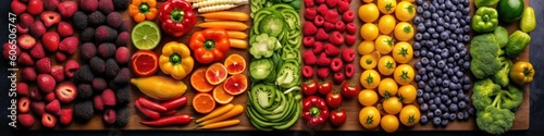 Assortment of fresh fruits and vegetables in rainbow colors. AI generative illustration.