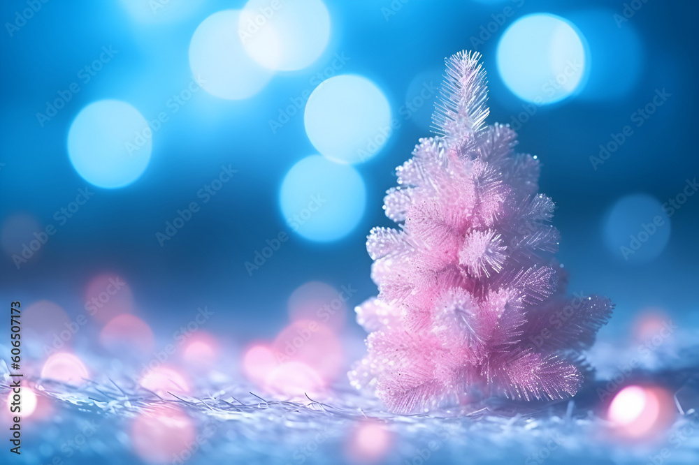 Beautiful Christmas tree decorated in lights on a blue background. With Generative AI technology