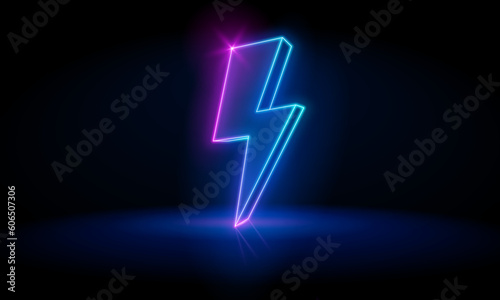 Vector energy lightning bolt logo neon style for electric power logo, wireless charging, ui, poster, t shirt. Thunder symbol. 3d render, lightning, electric power symbol, retro neon glowing sign, ultr
