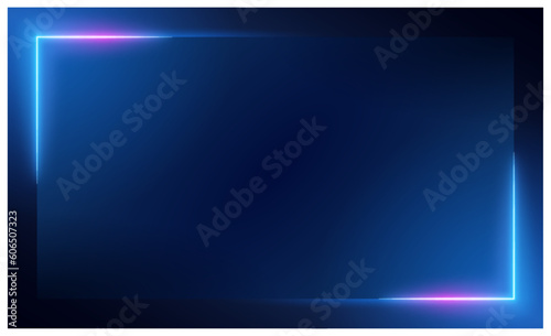 Neon square frame with shining effects on dark background. Empty glowing techno backdrop. Vector 3d render, square glowing in the dark, pink blue neon light, illuminate frame design. 