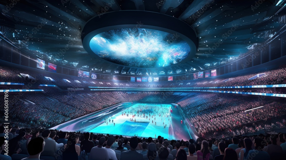 Conceptualize a high - energy, futuristic sports competition with advanced technology, gravity - defying arenas, and intense athletic feats