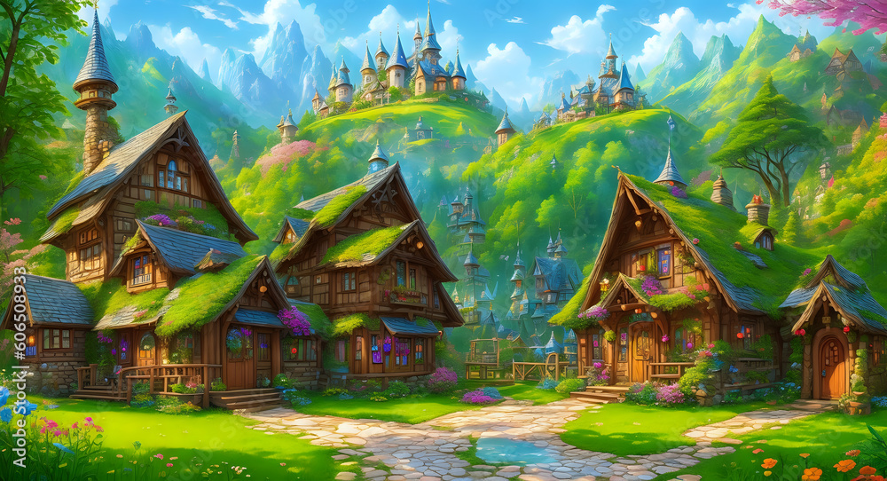 Obraz premium Enchanting Escapes: Discover the Magic World of Beautiful Villages and Natural Homes Amidst Trees and Flowers - AI GENERATE | MAGIC WORLD | CARTOON WORLD 
