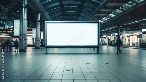 Empty blank billboard or advertising poster in a train station with Generative AI.