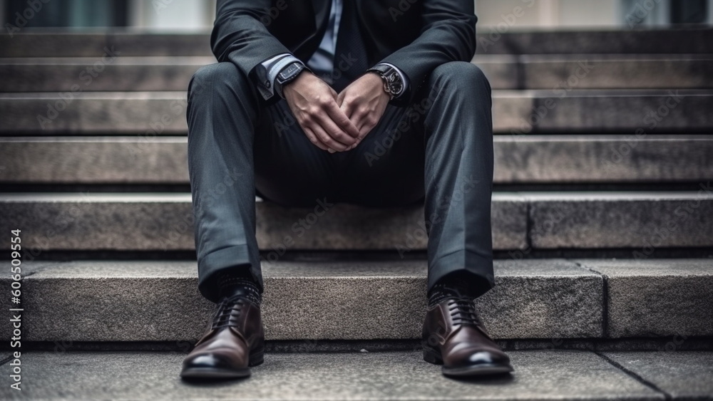 Bankrupt businessman sitting outdoor. Stressed businessman sitting at stairway outdoor.