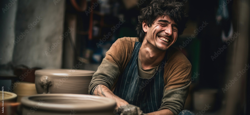 Pottery Passion: Friendly Potter Creating Magic. Generative AI