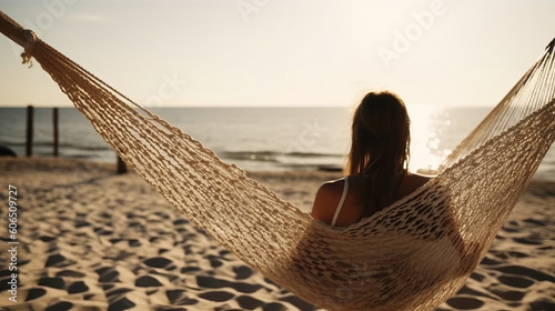 Young woman relaxing in a wicker hammock on the sandy beach at the coast and enjoying the sea view. Holidays in exotic countries and concept image. Generative AI