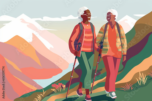 Illustration of Two Older Women Hiking in Mountains Generative ai