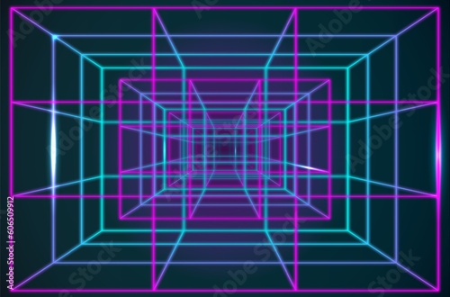 Neon 80s styled cube on retro game landscape. Vector glowing box. Synthwave wireframe net illustration. Abstract digital background. 80s, 90s Retro futurism, Retro wave cyber grid. Neon lights glowing