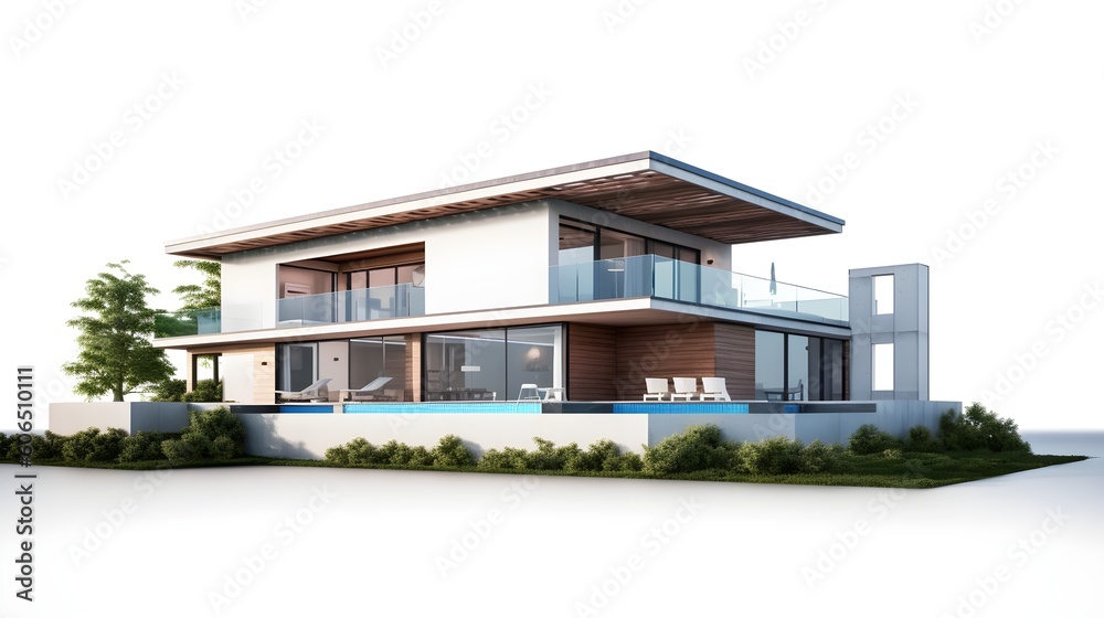 3D illustration, architecture, modern style two storey house, white, color accents, roof,rendering on isolate white background