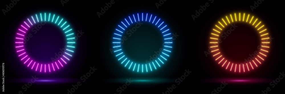 Set of blue, red-purple, green illuminate frame design. Abstract cosmic vibrant color circle backdrop. Collection of glowing neon lighting on dark background with copy space. Top view futuristic style Set of blue, red-purple, green illuminate frame design. Abstract cosmic vibrant color circle backdrop. Collection of glowing neon lighting on dark background with copy space. Top view futuristic style