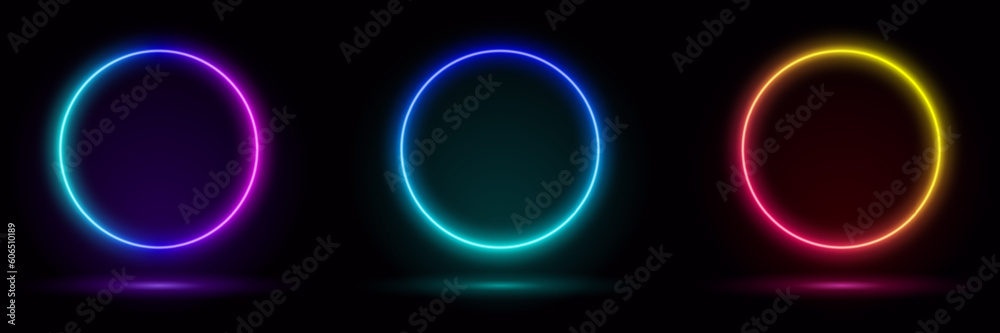 Set of blue, red-purple, green illuminate frame design. Abstract cosmic vibrant color circle backdrop. Collection of glowing neon lighting on dark background with copy space. Top view futuristic style