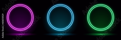 Set of 3d render  blue neon round frame  circle  ring shape  empty space  ultraviolet light  80 s retro style  fashion show stage  abstract background  illuminate frame design. Abstract cosmic vibrant