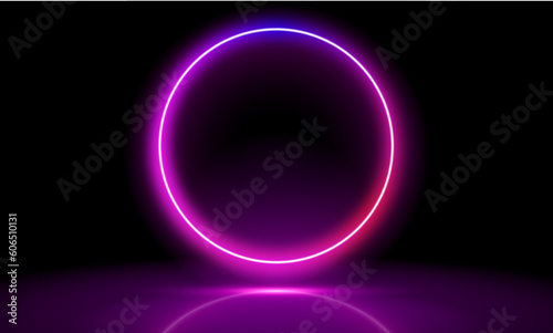 3d render, blue neon round frame, circle, ring shape, empty space, ultraviolet light, 80's retro style, fashion show stage, abstract background, illuminate frame design. Abstract cosmic vibrant circle