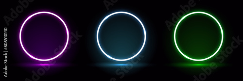 Set of 3d render, blue neon round frame, circle, ring shape, empty space, ultraviolet light, 80's retro style, fashion show stage, abstract background, illuminate frame design. Abstract cosmic vibrant