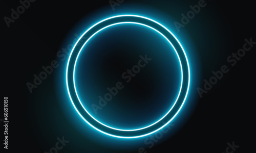 Set of 3d render, blue neon round frame, circle, ring shape, empty space, ultraviolet light, 80's retro style, fashion show stage, abstract background, illuminate frame design. Abstract cosmic vibrant