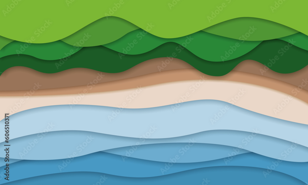 Fototapeta premium Top view landscape in paper cut style. Aerial view 3d background with river or sea forest canopy and land. Vector papercut illustration of creative concept idea environment conservation and nature