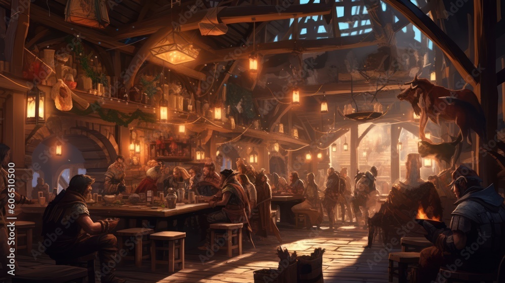 Obraz premium Cozy and bustling fantasy tavern, with adventurers, merchants, and creatures from all walks of life gathering for stories, music, and merriment