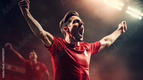Soccer player in red uniform celebrates a goal on a soccer stadium, holding hands above his head and screaming © leestat
