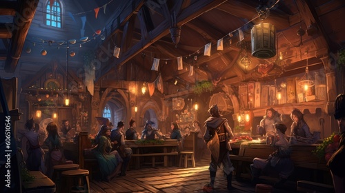 Cozy and bustling fantasy tavern, with adventurers, merchants, and creatures from all walks of life gathering for stories, music, and merriment © Damian Sobczyk
