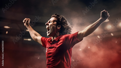 Soccer player in red uniform celebrates a goal on a soccer stadium, holding hands above his head and screaming