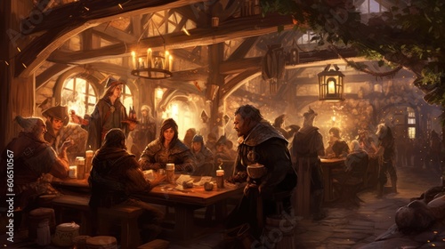 Photo Cozy and bustling fantasy tavern, with adventurers, merchants, and creatures fro
