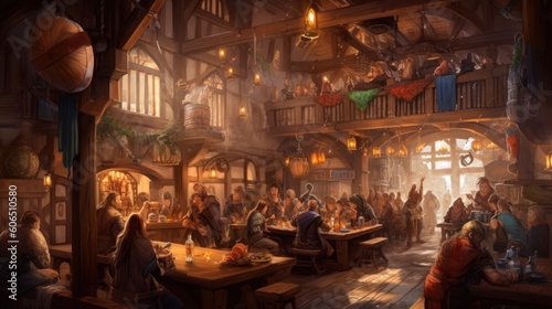 Cozy and bustling fantasy tavern, with adventurers, merchants, and creatures from all walks of life gathering for stories, music, and merriment © Damian Sobczyk