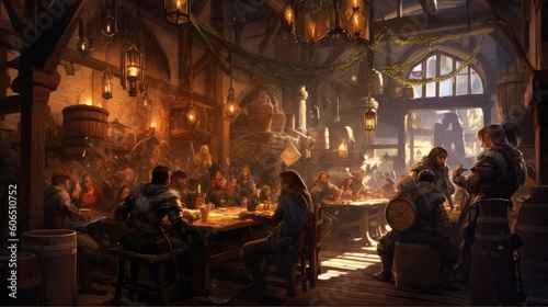Cozy and bustling fantasy tavern, with adventurers, merchants, and creatures from all walks of life gathering for stories, music, and merriment