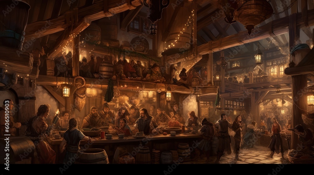 Cozy and bustling fantasy tavern, with adventurers, merchants, and creatures from all walks of life gathering for stories, music, and merriment