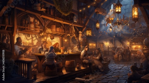 Cozy and bustling fantasy tavern  with adventurers  merchants  and creatures from all walks of life gathering for stories  music  and merriment