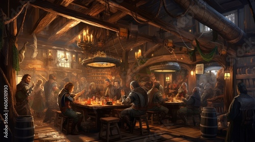 Cozy and bustling fantasy tavern  with adventurers  merchants  and creatures from all walks of life gathering for stories  music  and merriment