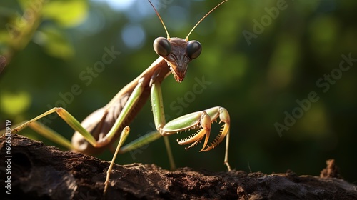  a close up of a praying mantissa on a tree branch with a blurry background of trees and leaves in the background,.  generative ai photo
