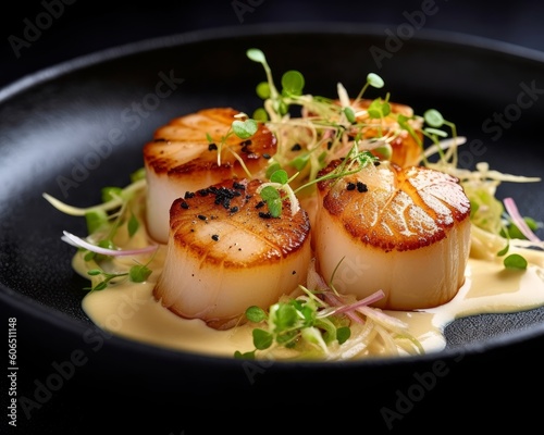 scallops plated elegantly with a creamy sauce drizzled artistically photo