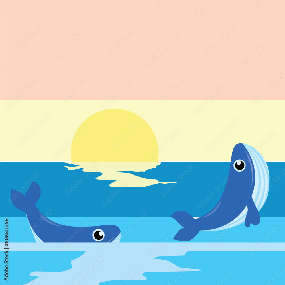 
Vector illustration of whales and evening in the ocean - obrazy, fototapety, plakaty 