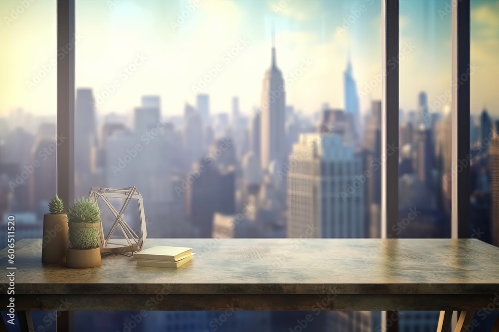 Desk of free space and blurred window background, Generative AI